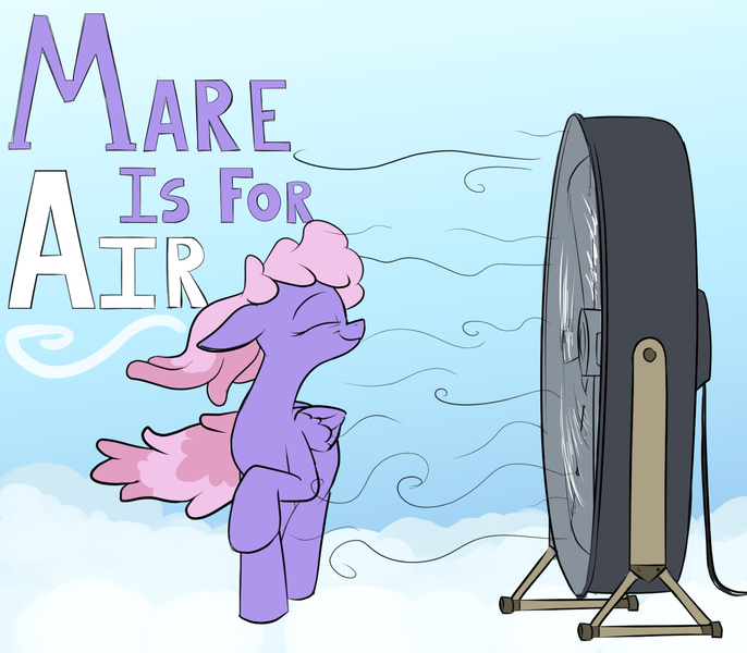 Size: 1600x1400 | Tagged: safe, artist:rocket-lawnchair, derpibooru import, rainbowshine, pegasus, pony, background pony, cloud, eyes closed, fan, female, floppy ears, folded wings, hooves, image, jpeg, mare, on a cloud, raised hoof, smiling, solo, standing, text, wind, windswept mane, wings, wtf mare is for air