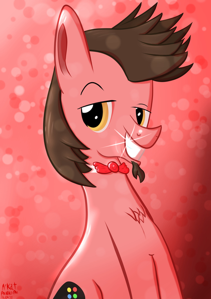 Size: 2480x3508 | Tagged: safe, artist:mrkat7214, derpibooru import, oc, oc:ace play, unofficial characters only, earth pony, pony, alternate hairstyle, bowtie, chest fluff, dreamworks face, facial hair, goatee, grin, high res, image, jpeg, looking at you, male, sitting, smiling, solo, stallion