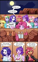 Size: 2550x4200 | Tagged: suggestive, artist:jennobasilicum, artist:mlp-cam, artist:ttatsuo51, derpibooru import, applejack, fluttershy, pinkie pie, rainbow dash, rarity, sci-twi, starlight glimmer, sunset shimmer, twilight sparkle, comic:equestria girls curse and madness, equestria girls, absolute cleavage, big breasts, bra, breaking the fourth wall, breasts, busty starlight glimmer, cleavage, clothes, comic, humane five, humane seven, humane six, image, moon, night, pinkie being pinkie, png, speech bubble, tight clothing, underwear
