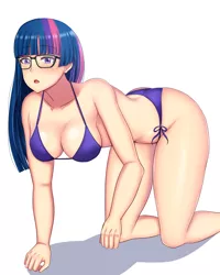 Size: 1024x1280 | Tagged: suggestive, artist:ttatsuo51, derpibooru import, sci-twi, twilight sparkle, equestria girls, absolute cleavage, all fours, big breasts, bikini, breasts, busty sci-twi, busty twilight sparkle, cleavage, clothes, female, glasses, image, png, simple background, solo, solo female, swimsuit, white background