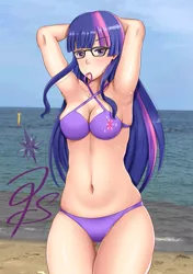 Size: 839x1191 | Tagged: suggestive, artist:ttatsuo51, derpibooru import, kotobukiya, twilight sparkle, human, equestria girls, absolute cleavage, arm behind head, beach, bikini, breasts, cleavage, clothes, glasses, humanized, image, kotobukiya twilight sparkle, looking at you, png, solo, swimsuit
