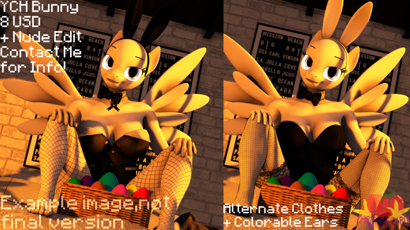 Size: 3840x2160 | Tagged: suggestive, artist:marianokun, derpibooru import, oc, anthro, 3d, animal costume, anthro oc, breasts, bunny costume, bunny ears, clothes, commission, costume, easter, easter egg, egg, holiday, image, png, preview, source filmmaker, wings, your character here, your character here auction