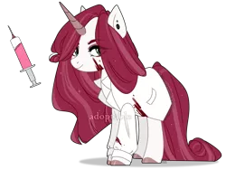 Size: 1773x1332 | Tagged: safe, artist:lissfoxz, derpibooru import, oc, unofficial characters only, pony, unicorn, blood, clothes, ear piercing, eyelashes, female, horn, image, lab coat, levitation, magic, mare, needle, nurse, piercing, png, simple background, smiling, solo, telekinesis, transparent background, unicorn oc