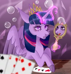 Size: 961x1000 | Tagged: safe, artist:lissfoxz, derpibooru import, twilight sparkle, twilight sparkle (alicorn), alicorn, pony, bust, card, colored hooves, eyelashes, female, glow, glowing horn, horn, image, jewelry, magic, mare, mirror, png, reflection, solo, telekinesis, tiara