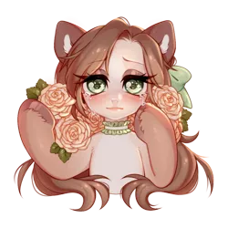 Size: 894x894 | Tagged: safe, artist:miioko, derpibooru import, oc, unofficial characters only, earth pony, human head pony, original species, pony, blushing, choker, crying, ear fluff, earth pony oc, eyelashes, female, flower, image, makeup, mare, png, rose, simple background, solo, transparent background