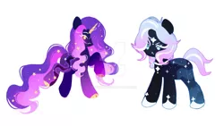 Size: 1024x579 | Tagged: safe, artist:miioko, derpibooru import, oc, unofficial characters only, pony, unicorn, colored hooves, deviantart watermark, duo, ear fluff, ethereal mane, eyelashes, female, horn, image, jpeg, mare, obtrusive watermark, simple background, starry mane, unicorn oc, watermark, white background