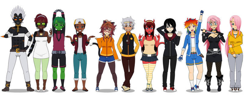 Size: 1400x588 | Tagged: safe, artist:kathara_khan, derpibooru import, fluttershy, rainbow dash, human, belt, boots, clothes, glasses, gloves, hat, hoodie, humanized, image, jacket, jeans, jewelry, jpeg, kisekae, necklace, necktie, pants, sandals, shirt, shoes, shorts, skirt, solo, sweater, sweetie