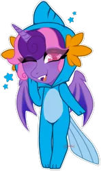 Size: 1677x2826 | Tagged: safe, artist:lumineko, derpibooru import, oc, oc:cinnamon music, unofficial characters only, alicorn, anthro, bat pony, bat pony alicorn, mudkip, anthro oc, bat wings, chibi, eye clipping through hair, fangs, fins, high res, horn, image, multicolored mane, one eye closed, onesie, open mouth, open smile, pink eyes, png, pokémon, simple background, smiling, solo, stars, tail, transparent background, vampicorn, wings