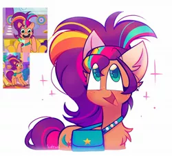 Size: 2000x1809 | Tagged: safe, artist:sidruni, derpibooru import, hitch trailblazer, izzy moonbow, sunny starscout, earth pony, pony, mane melody, my little pony: tell your tale, alternate hairstyle, chest fluff, colored pupils, cute, ear fluff, eye clipping through hair, eyebrows, eyebrows visible through hair, freckles, g5, highlights, image, jpeg, open mouth, open smile, ponytail, satchel, screencap reference, signature, smiling, solo, sunnybetes