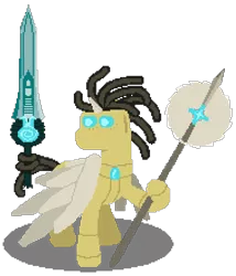 Size: 757x883 | Tagged: safe, artist:minus, derpibooru import, oc, unofficial characters only, alicorn, android, pony, robot, robot pony, alicorn oc, derpibooru exclusive, glow, glowing eyes, horn, image, male, pixel art, png, prehensile tail, simple background, solo, spear, stallion, sword, tail, transparent background, weapon, wings, wires