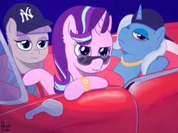 Size: 1600x1200 | Tagged: safe, artist:bigboydover, derpibooru import, maud pie, starlight glimmer, trixie, earth pony, unicorn, car, cool, gangbang, gangster, group sex, hat, image, jewelry, png, sex, sunglasses, swag