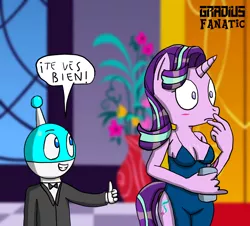 Size: 1500x1357 | Tagged: suggestive, artist:gradiusfanatic, derpibooru import, starlight glimmer, oc, oc:bx-8, anthro, pony, robot, unicorn, clothes, dress, female, image, male, png, robot oc, spanish text