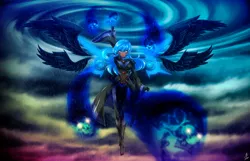 Size: 6000x3873 | Tagged: safe, artist:mauroz, derpibooru import, princess luna, human, absurd file size, absurd resolution, anime, breasts, clothes, dark skin, floating wings, four wings, gloves, humanized, image, multiple wings, png, rain, skull, winged humanization, wings