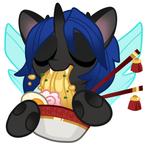 Size: 2000x2000 | Tagged: safe, artist:kez, derpibooru import, oc, oc:swift dawn, unofficial characters only, changeling, blue changeling, bowl, changeling oc, chopsticks, cute, dexterous hooves, eyes closed, fangs, food, high res, horn, image, noodles, png, ramen, simple background, solo, transparent background, wings