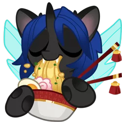 Size: 2000x2000 | Tagged: safe, artist:kez, derpibooru import, oc, oc:swift dawn, unofficial characters only, changeling, blue changeling, bowl, changeling oc, chopsticks, cute, dexterous hooves, eyes closed, fangs, food, high res, horn, image, noodles, png, ramen, simple background, solo, transparent background, wings
