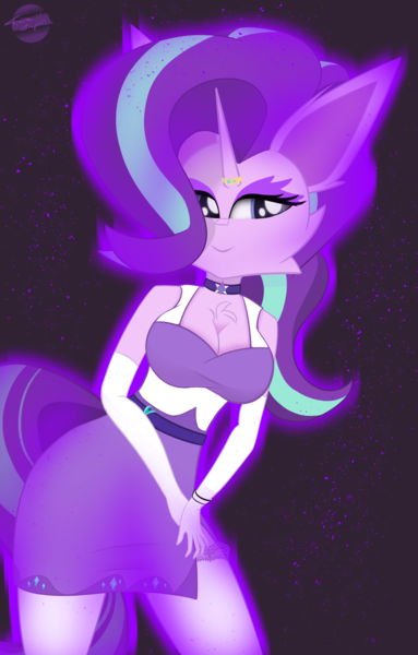 Size: 1717x2689 | Tagged: suggestive, artist:toxinagraphica, derpibooru import, part of a set, starlight glimmer, anthro, pony, unguligrade anthro, unicorn, alternate hairstyle, belt, bracelet, breasts, cheek fluff, chest fluff, clothes, cute, dress, ear fluff, eyelashes, eyeshadow, female, fluffy, gala dress, gem, glimmerbetes, gloves, glow, hand, hands on thighs, high res, horn, horn ring, image, jewelry, looking away, makeup, mare, necklace, png, purple background, ring, sexy, signature, simple background, skirt, smiling, socks, solo, solo female, stockings, thigh highs, top