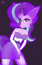 Size: 1717x2689 | Tagged: suggestive, artist:toxinagraphica, derpibooru import, part of a set, starlight glimmer, anthro, pony, unguligrade anthro, unicorn, alternate hairstyle, belt, bracelet, breasts, cheek fluff, chest fluff, clothes, cute, dress, ear fluff, eyelashes, eyeshadow, female, fluffy, gala dress, gem, glimmerbetes, gloves, glow, hand, hands on thighs, high res, horn, horn ring, image, jewelry, looking away, makeup, mare, necklace, png, purple background, ring, sexy, signature, simple background, skirt, smiling, socks, solo, solo female, stockings, thigh highs, top