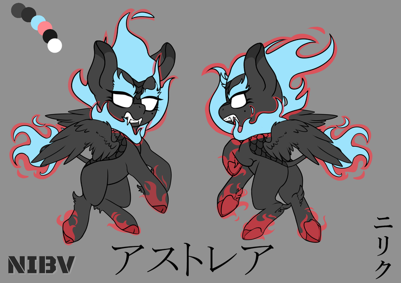 Size: 1983x1400 | Tagged: safe, artist:cross fader, derpibooru import, oc, oc:asty, hybrid, kirin, nirik, fangs, fire, image, japanese, markings, moon runes, png, reference sheet, solo, tomboy, watermark, wings