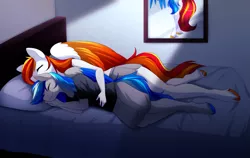 Size: 1585x1002 | Tagged: safe, artist:scarlet-spectrum, derpibooru import, oc, oc:diamond sun, oc:hawker hurricane, anthro, pegasus, pony, unguligrade anthro, colored, colored wings, commission, cuddling, female, image, male, mare, png, sleeping, smiling, spooning, stallion, watermark, wings