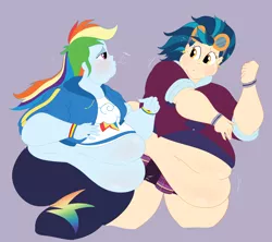 Size: 1800x1596 | Tagged: safe, artist:necrofeline, derpibooru import, indigo zap, rainbow dash, series:the big run, equestria girls, friendship games, belly, belly expansion, bracelet, breasts, busty rainbow dash, chubby, clothes, duo, duo female, ear piercing, earring, exhausted, fat, female, goggles on head, growth, image, indigo zapped, jewelry, lavender background, obese, panting, piercing, png, pudgy, rainblob dash, sequence, simple background, stomach noise, sweat, sweatdrops, wardrobe malfunction, weight gain, weight gain sequence, wobbling