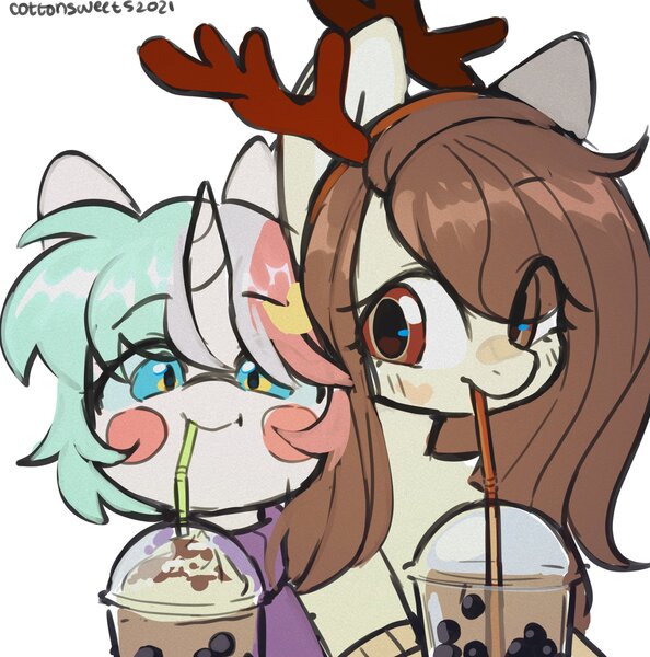 Size: 2100x2121 | Tagged: safe, artist:cottonsweets, derpibooru import, oc, oc:cottonsweets, unofficial characters only, pony, unicorn, antlers, bubble tea, clothes, drink, drinking, drinking straw, duo, duo female, eye clipping through hair, female, horn, image, jpeg, looking at someone, looking at you, mare, reindeer antlers, simple background, sweater, white background