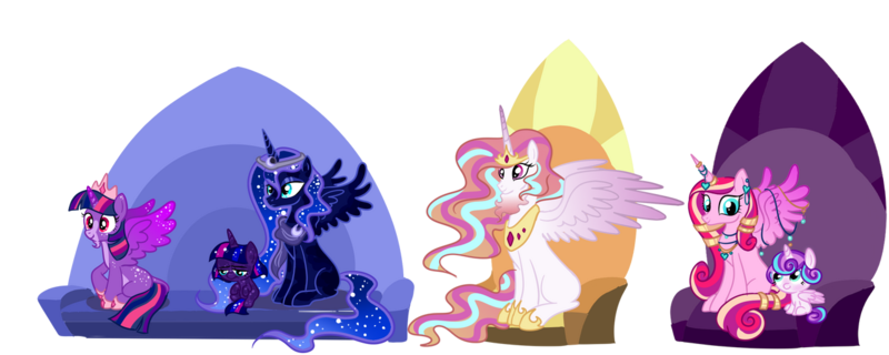 Size: 1280x512 | Tagged: safe, artist:itsvoids, derpibooru import, princess cadance, princess celestia, princess flurry heart, princess luna, twilight sparkle, twilight sparkle (alicorn), oc, oc:twilight eventide, alicorn, pony, alternate design, baby, baby pony, beard, brown, ear piercing, earring, facial hair, female, filly, foal, horn, horn jewelry, image, jewelry, lesbian, magical lesbian spawn, mare, missing cutie mark, necklace, offspring, parent:princess luna, parent:twilight sparkle, parents:twiluna, piercing, png, shipping, simple background, transparent background, twiluna, twitterina design