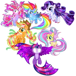 Size: 1280x1280 | Tagged: safe, artist:itsvoids, derpibooru import, applejack, fluttershy, pinkie pie, rainbow dash, rarity, twilight sparkle, twilight sparkle (alicorn), alicorn, earth pony, pegasus, pony, unicorn, alternate design, bat wings, bow, colored hooves, cowboy hat, ear piercing, earring, female, glow, glowing eyes, hat, image, jewelry, mane six, mare, piercing, png, rainbow power, simple background, spread wings, tail, tail bow, transparent background, twitterina design, wings