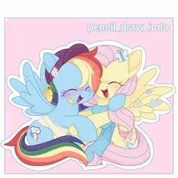 Size: 1080x1080 | Tagged: safe, artist:pencil_draw_indo, derpibooru import, fluttershy, rainbow dash, pegasus, pony, aesthetics, baseball cap, blushing, cap, clothes, cute, daaaaaaaaaaaw, dashabetes, duo, duo female, eyes closed, female, happy, hat, hug, image, jpeg, mare, open mouth, scarf, shyabetes