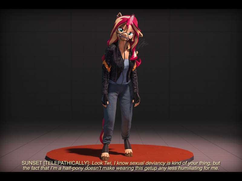 Size: 7200x5400 | Tagged: questionable, artist:imafutureguitarhero, derpibooru import, sunset shimmer, anthro, classical unicorn, pony, unguligrade anthro, unicorn, 3d, 4:3, absurd resolution, bit, bit gag, black bars, boots, bridle, cheek fluff, chest fluff, chest freckles, chromatic aberration, clothes, cloven hooves, colored eyebrows, colored eyelashes, derpibooru exclusive, drool, ear fluff, ear freckles, ear piercing, earring, embarrassed, female, film grain, fingerless gloves, floppy ears, fluffy, freckles, fur, gag, gloves, glow, glowing horn, harness bit gag, harness gag, head tilt, hoof boots, horn, image, implied pet play, implied twilight sparkle, jacket, jeans, jewelry, jpeg, kinkshaming, leather, leather boots, leather gloves, leather jacket, leonine tail, long hair, long mane, looking at you, mare, multicolored hair, multicolored mane, multicolored tail, muzzle gag, offscreen character, one ear down, op has an opinion, op has too much time on their hands, pants, peppered bacon, pet play, piercing, reins, revamped anthros, revamped ponies, shadow, shirt, shoes, signature, solo, source filmmaker, subtitles, sunset shimmer is not amused, tack, tail, telepathy, text, unamused, unshorn fetlocks, wall of tags