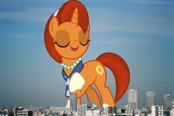 Size: 2048x1370 | Tagged: safe, artist:dashiesparkle, artist:thegiantponyfan, derpibooru import, stellar flare, pony, unicorn, coat markings, eyes closed, female, giant pony, giant stellar flare, giant unicorn, giantess, highrise ponies, image, irl, japan, jewelry, macro, mare, mega giant, necklace, open mouth, pearl necklace, photo, png, ponies in real life, raised hoof, smiling, socks (coat marking), story included, tokyo