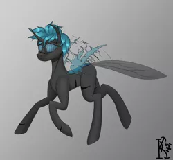 Size: 2600x2400 | Tagged: source needed, safe, artist:kirov, derpibooru import, oc, oc:loshad, changeling, pony, black fur, blue changeling, blue eyes, blue hair, blue wings, bughorse, compound eyes, horn, hybrid oc, image, insect wings, png, scarred, shading, simple background, wings
