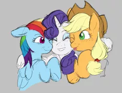 Size: 569x435 | Tagged: safe, derpibooru import, applejack, rainbow dash, rarity, earth pony, pegasus, pony, unicorn, aggie.io, eyes closed, female, hat, hug, image, mare, one eye closed, png, simple background, smiling, tongue out