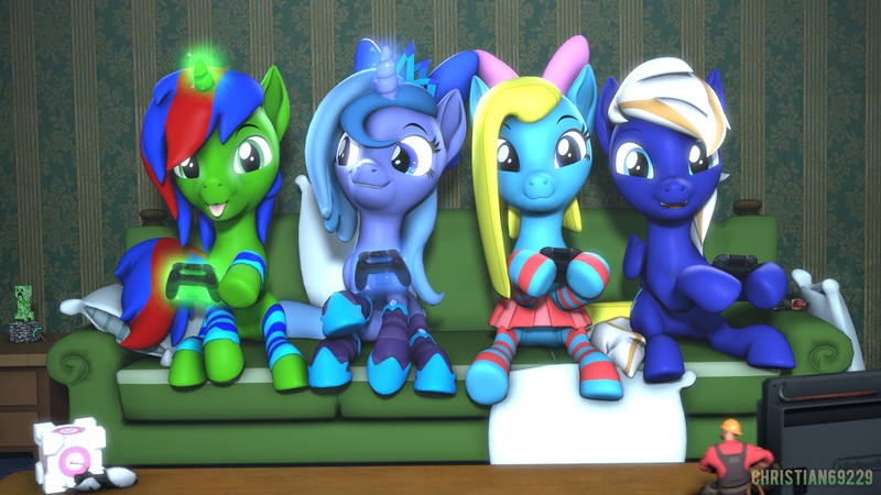 Size: 1920x1080 | Tagged: safe, artist:christian69229, derpibooru import, oc, oc:christian clefnote, oc:cuteamena, oc:electric blue, oc:lulu star moonie, unofficial characters only, alicorn, earth pony, pegasus, pony, unicorn, 3d, :p, alicorn oc, bow, clothes, commission, controller, earth pony oc, female, horn, image, leg warmers, male, mare, nintendo switch, not luna, pegasus oc, pillow, png, portal, skirt, smiling, socks, source filmmaker, stallion, striped socks, tongue out, unicorn oc, wings, your character here