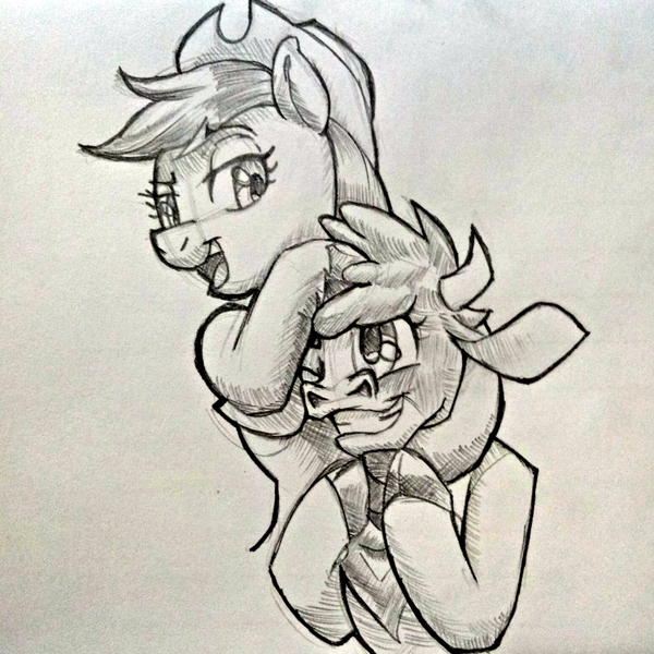 Size: 1368x1368 | Tagged: safe, artist:redahfuhrerking, derpibooru import, applejack, cow, pony, them's fightin' herds, arizona (tfh), community related, image, monochrome, png, traditional art