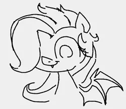Size: 685x591 | Tagged: safe, artist:dotkwa, derpibooru import, oc, oc:efflorescence, unofficial characters only, bat pony, pegasus, pony, bat pony oc, bat wings, bust, cute, cute little fangs, fangs, female, gray background, grayscale, hair over one eye, image, mare, monochrome, not flutterbat, png, simple background, sketch, smiling, solo, spread wings, white background, wings