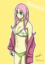Size: 595x842 | Tagged: safe, artist:helsaabi, derpibooru import, fluttershy, equestria girls, belly button, bikini, breasts, cleavage, clothes, image, jpeg, looking at you, outline, shirt, simple background, solo, swimsuit, white outline, yellow background