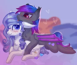 Size: 1162x993 | Tagged: safe, artist:lullay, artist:muna, derpibooru import, oc, oc:grey, oc:justkattyo, unofficial characters only, bat pony, pegasus, adorable face, base used, bat ears, blushing, chest fluff, clothes, comfy, cuddling, cute, duo, ear fluff, eyes open, female, floppy ears, flower, fluffy, freckles, gift art, happy, hoodie, hug, image, male, mane, png, shiny mane, simple background, smiling, snuggling, tongue out, transparent background, wings