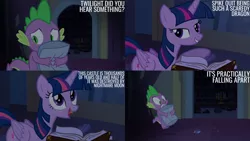 Size: 1280x720 | Tagged: safe, derpibooru import, edit, edited screencap, editor:quoterific, screencap, spike, twilight sparkle, twilight sparkle (alicorn), alicorn, dragon, pony, castle mane-ia, season 4, book, duo, female, image, jpeg, male, mare, open mouth, open smile, smiling, text