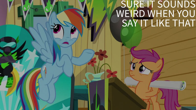 Size: 1280x720 | Tagged: safe, derpibooru import, edit, edited screencap, editor:quoterific, screencap, rainbow dash, scootaloo, pegasus, pony, season 8, the washouts (episode), spoiler:s08, balloon, clubhouse, crusaders clubhouse, duo, female, filly, flying, foal, image, jpeg, mare, open mouth, poster, smiling, spread wings, text, the washouts, wings