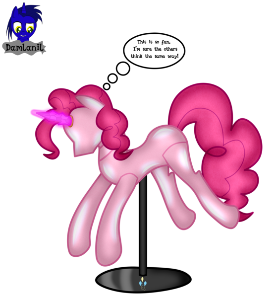 Size: 3840x4154 | Tagged: safe, artist:damlanil, derpibooru import, pinkie pie, earth pony, pony, bondage, clothes, collar, comic, crystal horn, encasement, fake horn, female, horn, i have no mouth and i must scream, image, inanimate tf, latex, link in description, magic, magic aura, mannequin, mannequin tf, mare, no mouth, objectification, pedestal, petrification, png, ponyquin, rubber, shiny, show accurate, simple background, solo, speech bubble, text, transformation, transparent background, vector