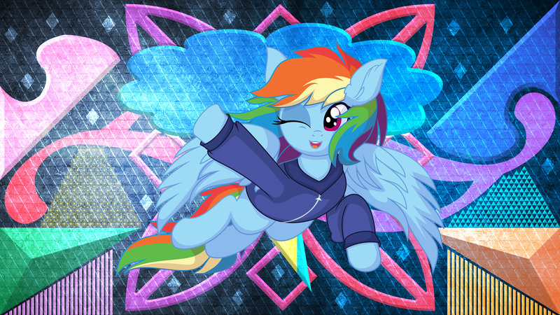 Size: 3840x2160 | Tagged: safe, artist:cyanlightning, artist:laszlvfx, derpibooru import, edit, rainbow dash, pegasus, pony, clothes, hoodie, image, png, solo, wallpaper, wallpaper edit