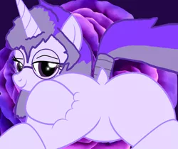 Size: 2160x1813 | Tagged: suggestive, artist:guruyunus17, artist:mellow91, derpibooru import, oc, oc:glass sight, unofficial characters only, pony, unicorn, bedroom eyes, butt, butt squish, butt touch, eyebrows, featureless crotch, flower, glasses, horn, image, looking at you, looking back, looking back at you, looking over shoulder, plot, png, presenting, purple background, rear view, rose, seductive, sexy, shiny eyes, simple background, smiling, smiling at you, spread legs, spreading, sultry pose, unicorn oc