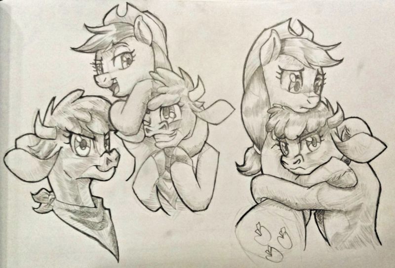 Size: 2172x1476 | Tagged: safe, artist:redahfuhrerking, derpibooru import, applejack, cow, pony, them's fightin' herds, arizona (tfh), community related, image, monochrome, png, traditional art