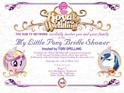 Size: 800x600 | Tagged: safe, derpibooru import, official, princess cadance, shining armor, alicorn, pony, 2012, female, hub logo, image, invitation, logo, male, mare, my little pony logo, png, royal wedding, stallion, the hub