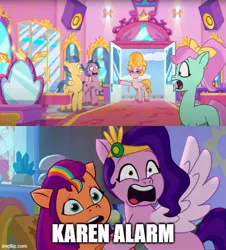 Size: 500x552 | Tagged: safe, derpibooru import, edit, edited screencap, screencap, phyllis cloverleaf, pipp petals, sunny starscout, earth pony, pegasus, pony, unicorn, mane melody, my little pony: tell your tale, nightmare roommate, spoiler:g5, spoiler:my little pony: tell your tale, spoiler:tyts01e04, female, g5, image, imgflip, jpeg, karen, male, mare, scared, screaming, stallion