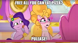 Size: 900x500 | Tagged: safe, derpibooru import, edit, edited screencap, screencap, phyllis cloverleaf, pipp petals, mane melody, my little pony: tell your tale, spoiler:g5, spoiler:my little pony: tell your tale, caption, duo, g5, image, image macro, implied pizza, jpeg, text