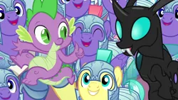 Size: 1280x720 | Tagged: safe, derpibooru import, screencap, spike, thorax, changeling, dragon, pegasus, pony, season 6, the times they are a changeling, cheering, happy, image, male, png, royal guard, smiling, stallion