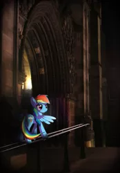 Size: 567x816 | Tagged: safe, alternate version, artist:twodeepony, derpibooru import, rainbow dash, pegasus, pony, animated, animated png, cathedral, cinemagraph, female, flickering lights, image, irl, mare, photo, png, ponies in real life, railing, solo