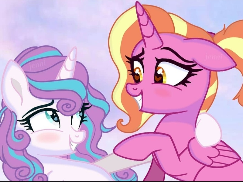 Size: 1080x809 | Tagged: safe, artist:kawaiibrxny, derpibooru import, luster dawn, princess flurry heart, alicorn, pony, unicorn, female, flurrydawn, image, jpeg, lesbian, looking at each other, looking at someone, shipping, smiling, smiling at each other