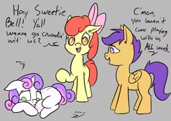 Size: 1414x1000 | Tagged: safe, artist:happy harvey, derpibooru import, apple bloom, scootaloo, sweetie belle, earth pony, pegasus, pony, unicorn, colored pupils, depressed, depression, dialogue, drawn on phone, ear fluff, female, filly, foal, gray background, image, implied rape, looking away, looking down, png, sad, simple background